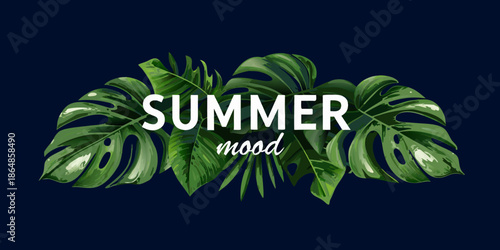 Tropical summer mood with monstera leaves and bold white text design