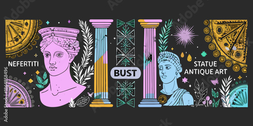 Ancient bust sculptures and nefertiti with decorative floral and architectural elements