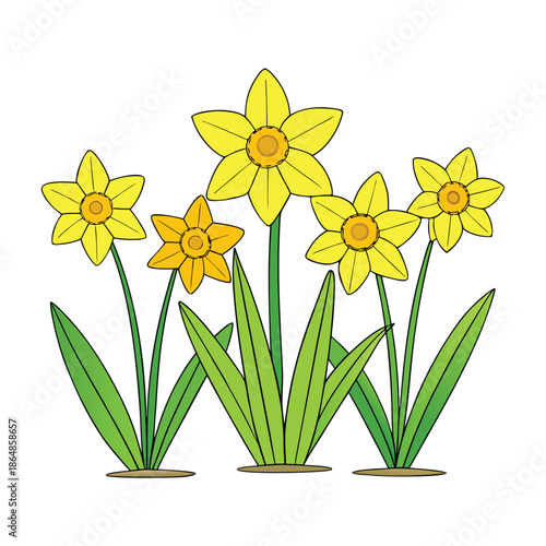A sunlit field of yellow daffodils sways in the breeze, painting the landscape with golden blooms, fresh green leaves, and the joyful promise of spring.
