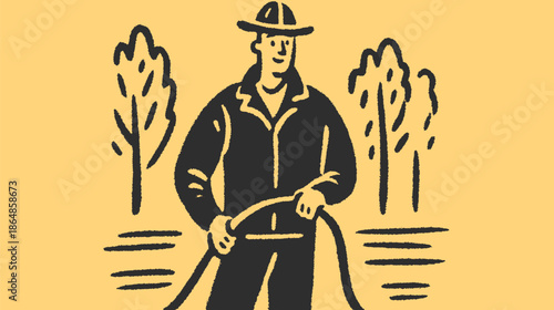 A man watering trees with a hose in a flat vector illustration. The set depicts a rural outdoor environment focused on agriculture and nature.