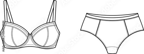 Technical vector illustration, women lingerie set bra and panties, front views, underwear design for fashion manufacturing and apparel production