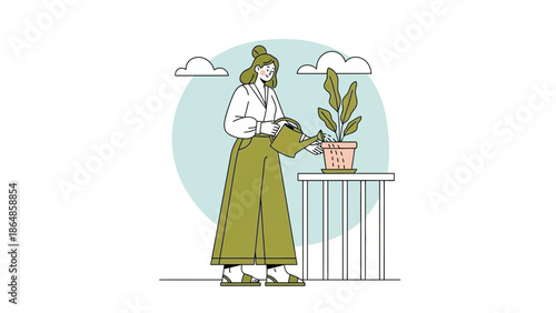 Illustration of a woman watering a potted plant on a balcony with scenic sky background and clouds