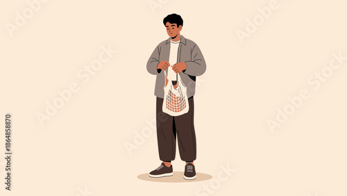 Casual young man with backpack standing against a plain background