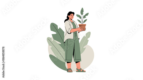 Woman Holding a Potted Plant in a Minimalist Illustration Emphasizing Nature and Growth
