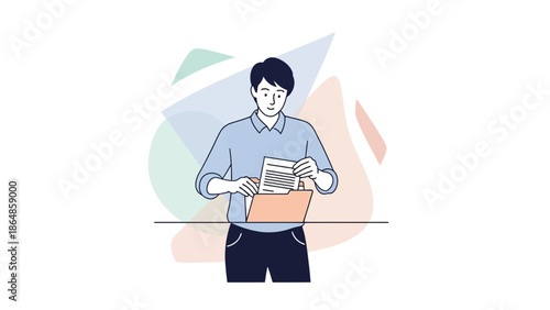 Young Man Organizing Documents in an Office Setting with Abstract Background
