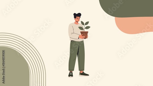 illustration of a woman holding a potted plant with a minimalistic and modern background design