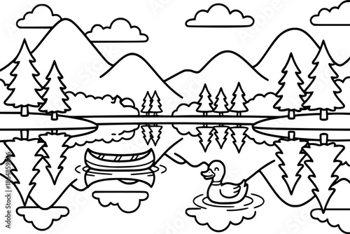 A cute cartoon lake landscape with mountains, trees, and clouds reflected on water. Kids coloring book with simple line art to support creativity, motor skills, and early childhood learning.