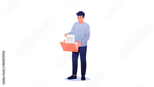 Young man organizing paper documents in a box for office filing or storage setting