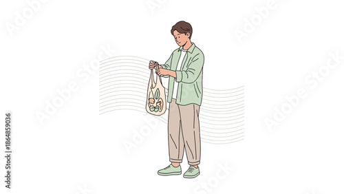 Young man holding a reusable shopping bag with fresh vegetables in a minimalistic illustration