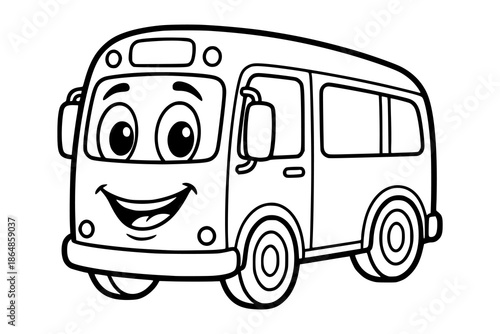 A friendly cartoon bus with a happy face. Kids coloring book with simple line art. Educational illustration to support creativity, motor skills, and early childhood learning.