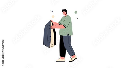 Young man organizing his wardrobe with a jacket in a modern minimalist illustration style