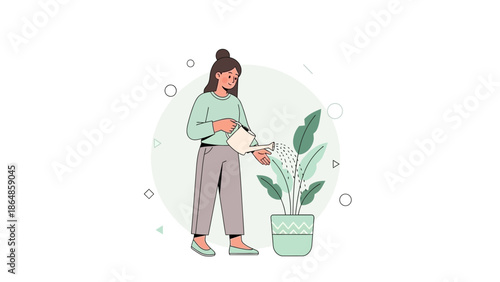 Young woman watering a potted plant with a watering can in a minimalistic illustration