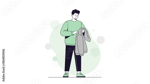Young man organizing his wardrobe or closet with casual attire and a jacket in a minimalistic style