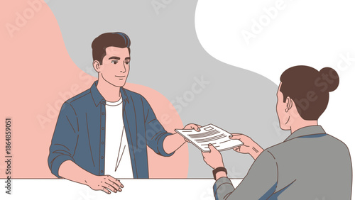 Young man receiving document or certificate from a woman during an interview or official meeting
