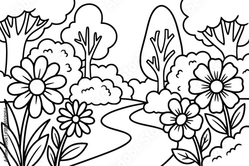 A cartoon garden scenery with flowers, bushes, trees, and a small path. Kids coloring book with simple line art to support creativity, motor skills, and early childhood learning.