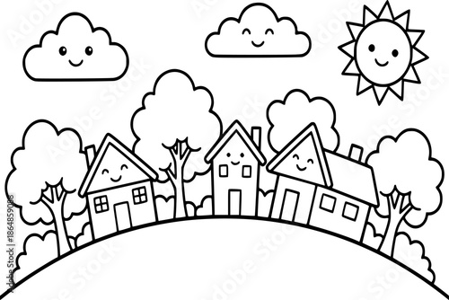 A cute cartoon hill landscape with houses, trees, clouds, and a sun. Kids coloring book with simple line art to support creativity, motor skills, and early childhood learning.
