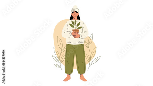 Minimalistic Illustration of a Woman Holding a Potted Plant with Nature Elements