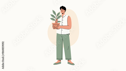 Illustration of a young man holding a potted plant representing growth and nature conservation