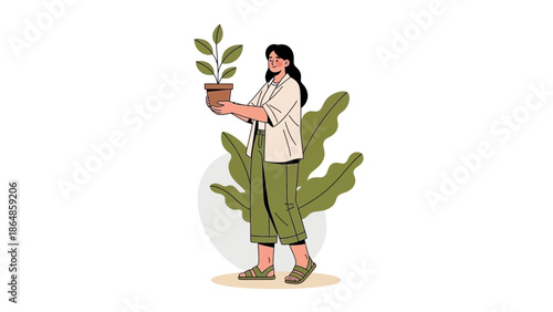illustration of woman holding potted plant featuring green foliage and casual attire in a