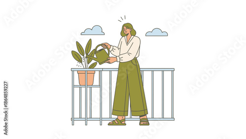 illustration of woman watering potted plant on balcony with clouds in background