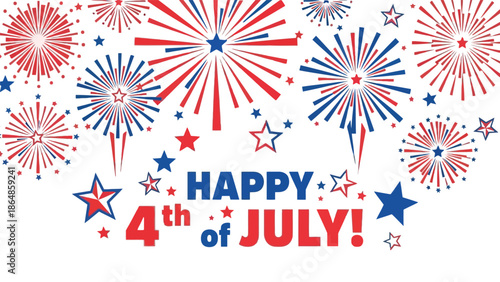 Vibrant red, white, and blue fireworks and stars celebrate happy 4th of july with bold typography on a clean white background with USA