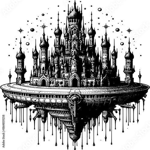 Dreamy Architectural Fantasy: An ethereal illustration of an elaborate, otherworldly castle floating serenely in space, showcasing intricate architectural detail. 