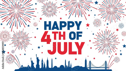 Happy 4th of july celebration with fireworks and city skyline on white background, patriotic holiday greeting card with american
