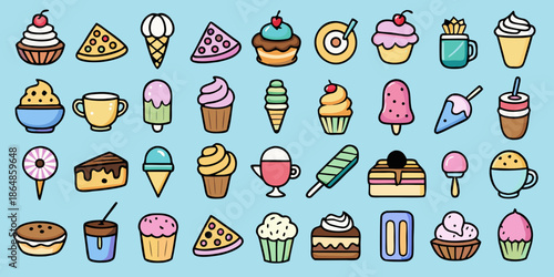 Cute Hand-Drawn Dessert and Sweets Icon Collection
,Whimsical Doodle Style Bakery and Ice Cream Vector Set