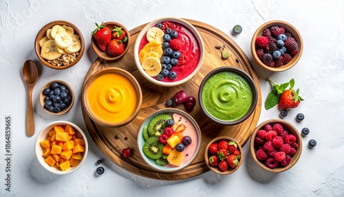 A visually stunning assortment of colorful and wholesome fruit smoothie bowls, beautifully garnished with fresh berries, bananas, and kiwi, perfect for a vibrant and healthy breakfast or snack