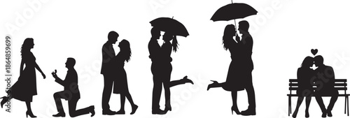 Beautiful collection of romantic silhouette illustrations capturing various stages of love, including heartfelt proposals, tender embraces, and intimate moments between couples