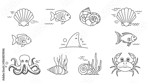 Ocean-themed outline icons, minimalist vector style, fish, shells, octopus, shark fin, crab