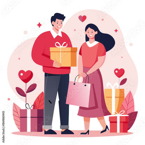 Romantic couple exchanging gifts and shopping illustration