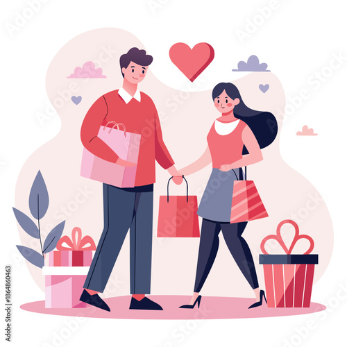 Happy couple shopping together holding hands and gifts