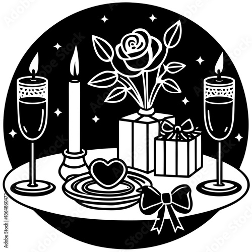 Romantic dinner table setting black and white illustration