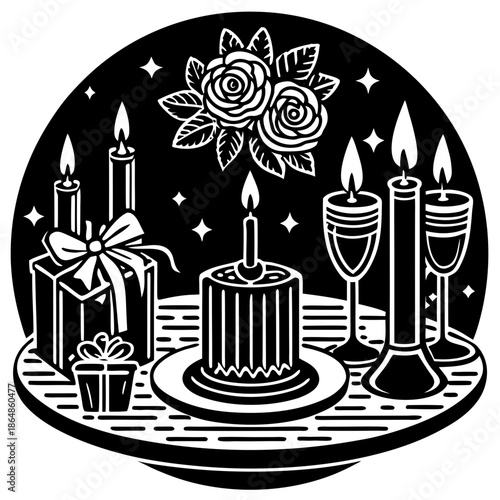 Elegant black and white celebration scene with cake gifts and candles
