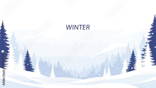 Snowy forest landscape with pine trees and rolling hills in winter scenery with snowflakes with cold and weather and seasonal with view