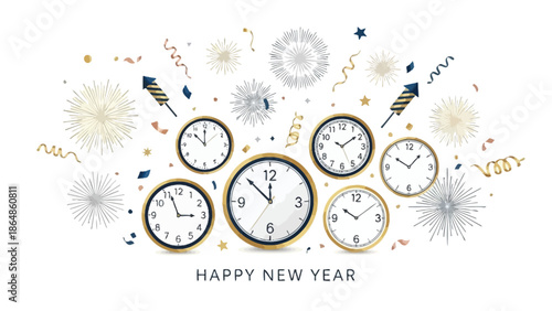 New year celebration with multiple clocks striking midnight surrounded by festive fireworks and confetti decorations with party