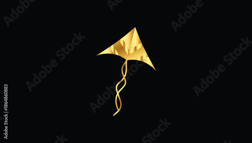 Golden Kite Illustration on Black Background with Flowing Tail