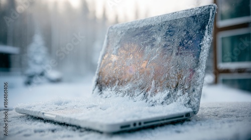 A laptop sits outside, covered in frost and snow, amidst a wintery outdoor scene. The screen is icy