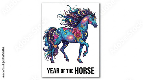Mystical Cosmic Horse Illustration Year of the Horse Zodiac Art with Stars and Flowers Isolated on White
