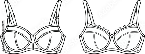 Women lingerie bra technical line drawing, front view variations illustration for fashion design, underwear development, apparel manufacturing reference
