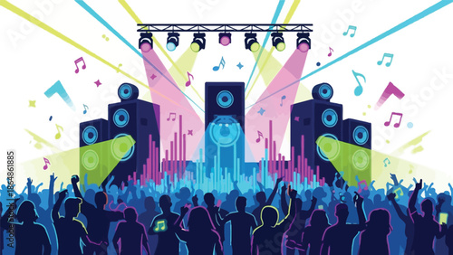 Vibrant concert scene with crowd dancing under colorful spotlights and music notes, lively festival atmosphere with speakers with dance