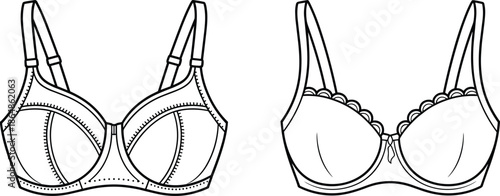 Women lingerie bra technical line drawing, front view variations illustration for fashion design, underwear production, apparel manufacturing reference