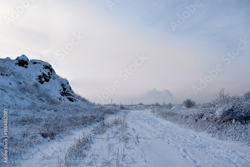 A traveler in a distant suburb in winter. On the horizon is a city and signs of smog.