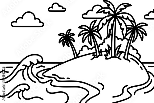 A simple cartoon island landscape with a beach, palm trees, waves. Kids coloring book with simple line art. Educational illustration to support creativity, motor skills, and early childhood learning.