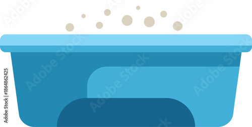 Blue baby bathtub full of water with foam, isolated on white background