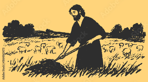 Man working in a field with sheep. Black and white vector illustration showcasing rural agriculture and tools in a simple, classic style.
