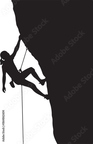 Silhouette climber ascending steep cliff face at night