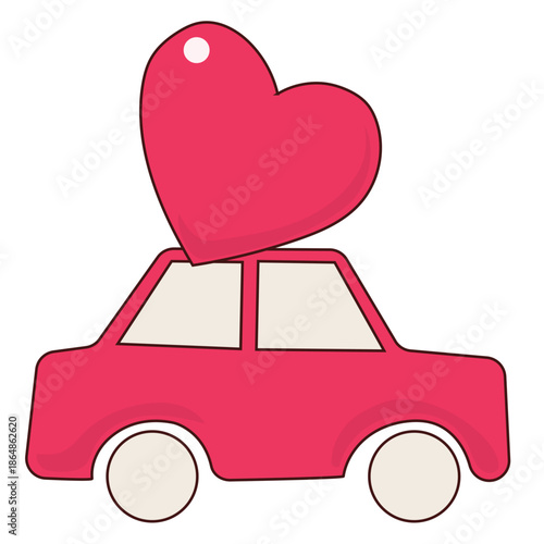 Romantic Pink Cartoon Toy Car with Heart Icon. Valentine Day or Wedding Greeting card Element 