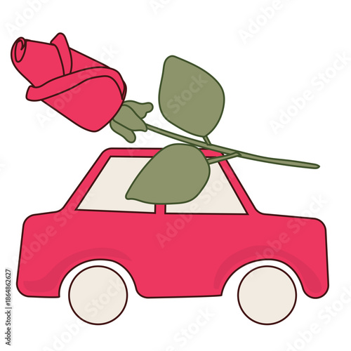 Romantic Pink Cartoon Toy Car with Flower Icon. Valentine Day or Wedding Greeting card Element 